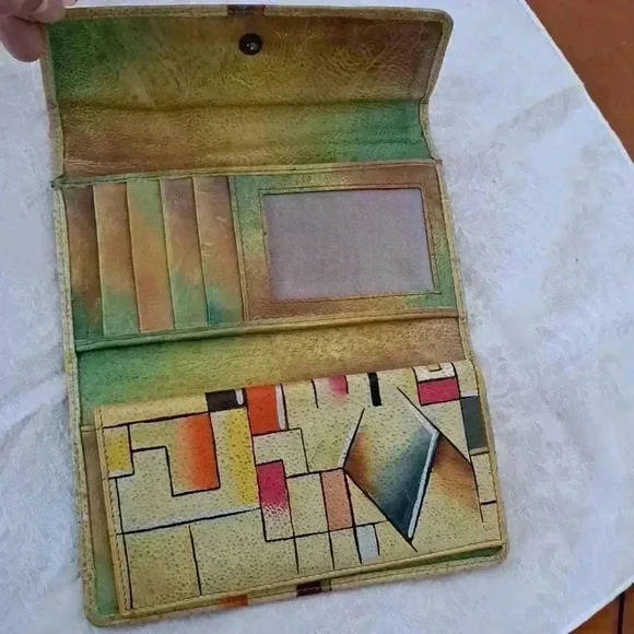 Wallet  CHECKBOOK GOLD ABSTRACT LEATHER  HAND PAINTED MV BOTARI - Picture 4 of 9